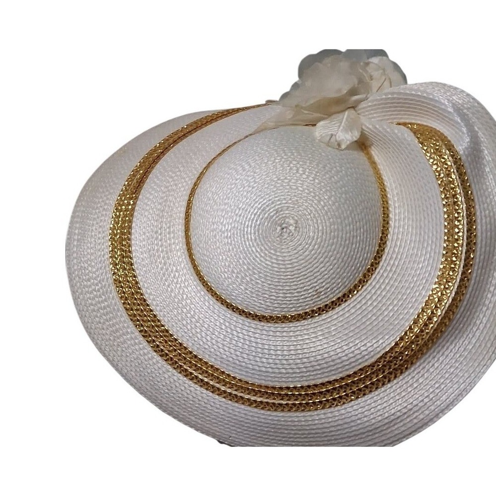 Vintage White Wide Brim Church Hat Gold Trim Floral Accent Formal Dress Hat